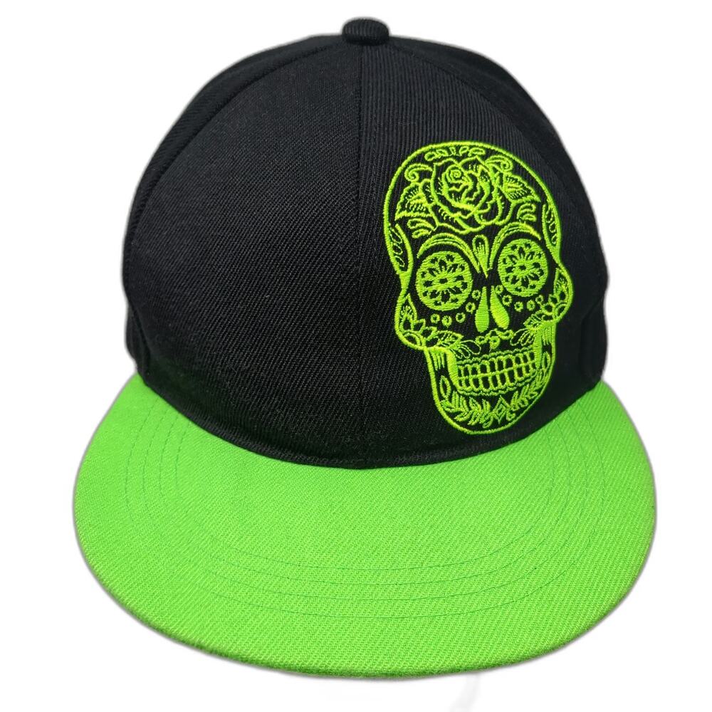 Six Flags Baseball Cap Black Green One Size Sugar Skull Day of the Dead Hat